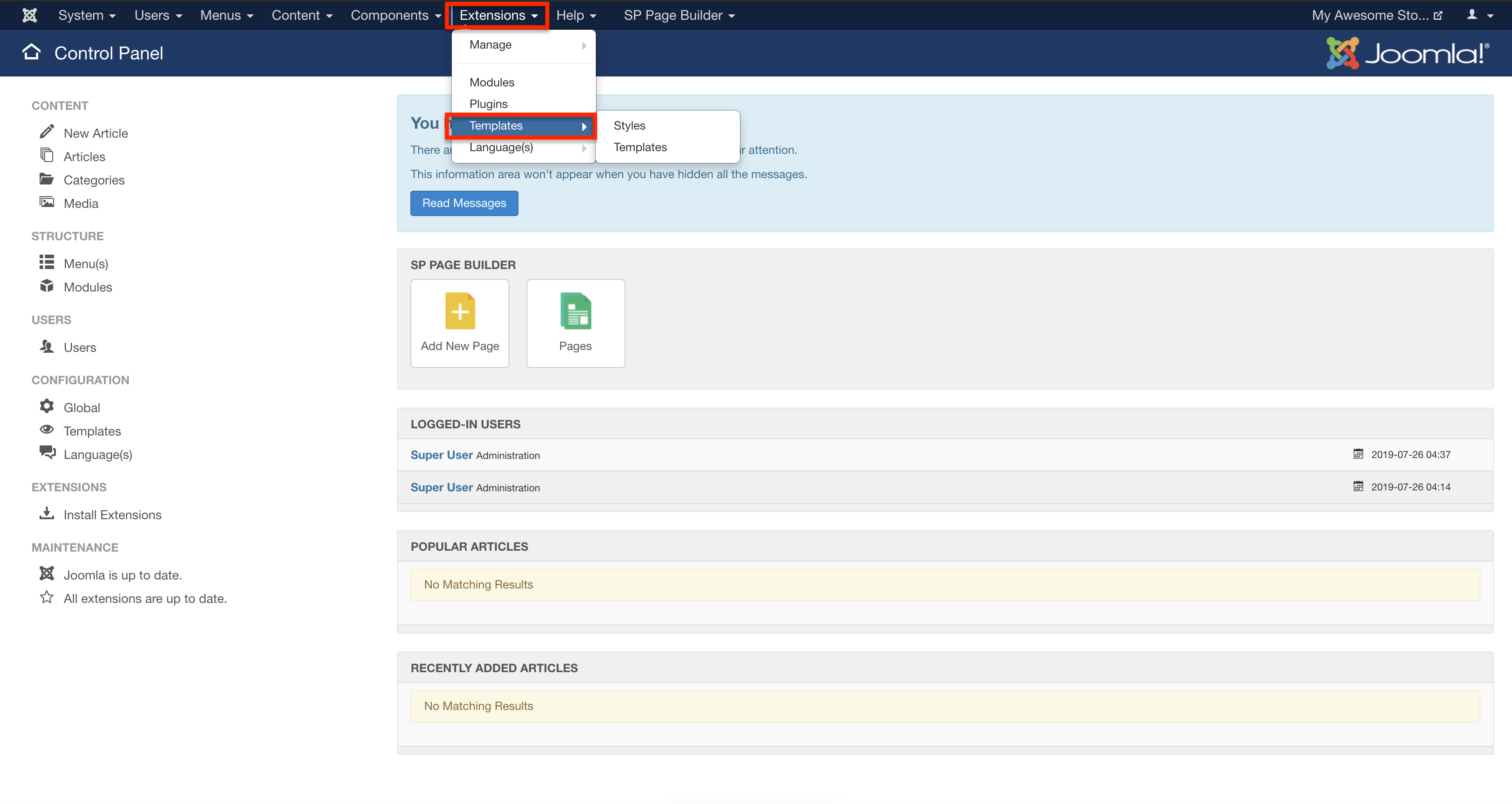 footer5(footer5.png)
- Go to Joomla Administrator > Extensions > Templates.
![footer1